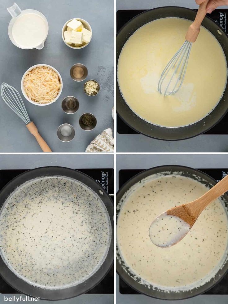 four pictures showing how to make cheese sauce in a skillet and then using a whisk