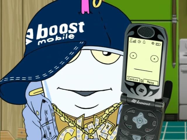 a cartoon character holding a cell phone in his right hand and wearing a blue hat