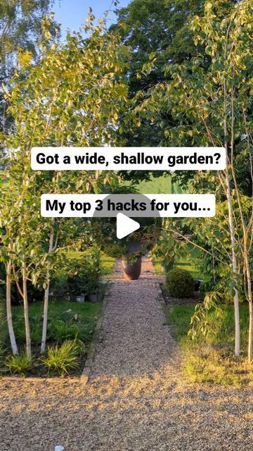 a garden with lots of trees and plants in it, text reads got a wide, shallow garden? my top 3 hacks for you