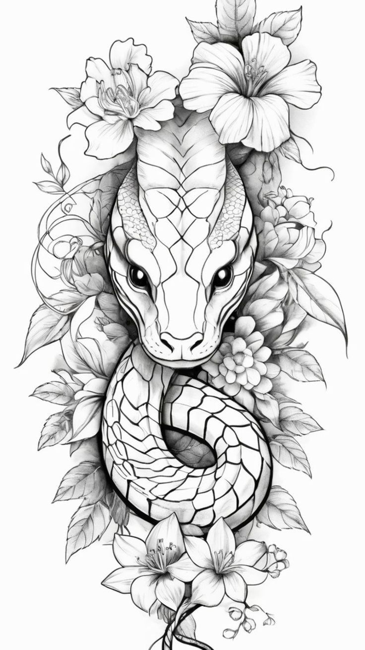 a snake and flowers tattoo design