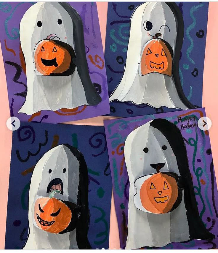 four pictures of penguins with pumpkins in their mouths and one is wearing a ghost mask