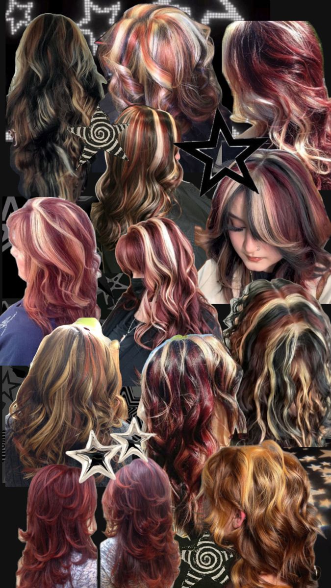 Calico hairstyle Cool Red Hair Dye Ideas, Hair Color Ideas Chunky Highlights, What Colour To Dye Your Hair, Hair Color Ideas For Dish Water Blonde, Calico Skunk Hair, Red And Blonde Streaks, Calico Colored Hair, Long Calico Hair, Curly Hair Dye Ideas Streaks