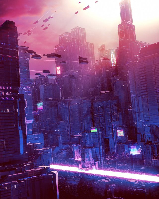 futuristic cityscape with neon lights in the foreground and birds flying over them