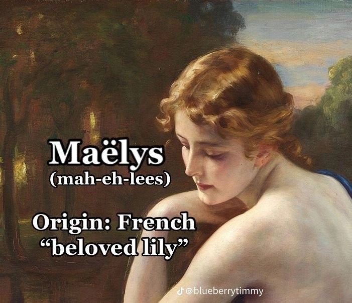 an image of a woman with red hair and words above her head that say, maelys main - en lies origin french belovedly