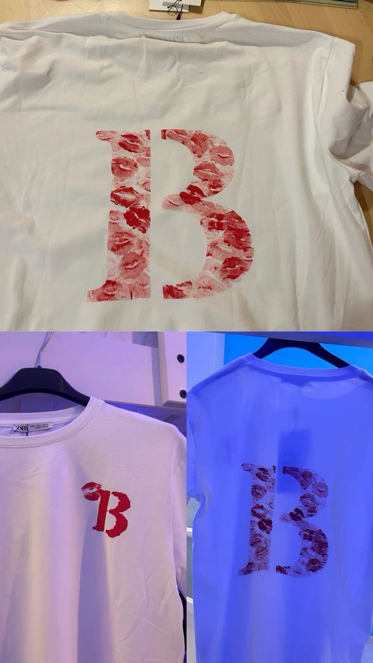 three different t - shirts with the letters b and f painted on them