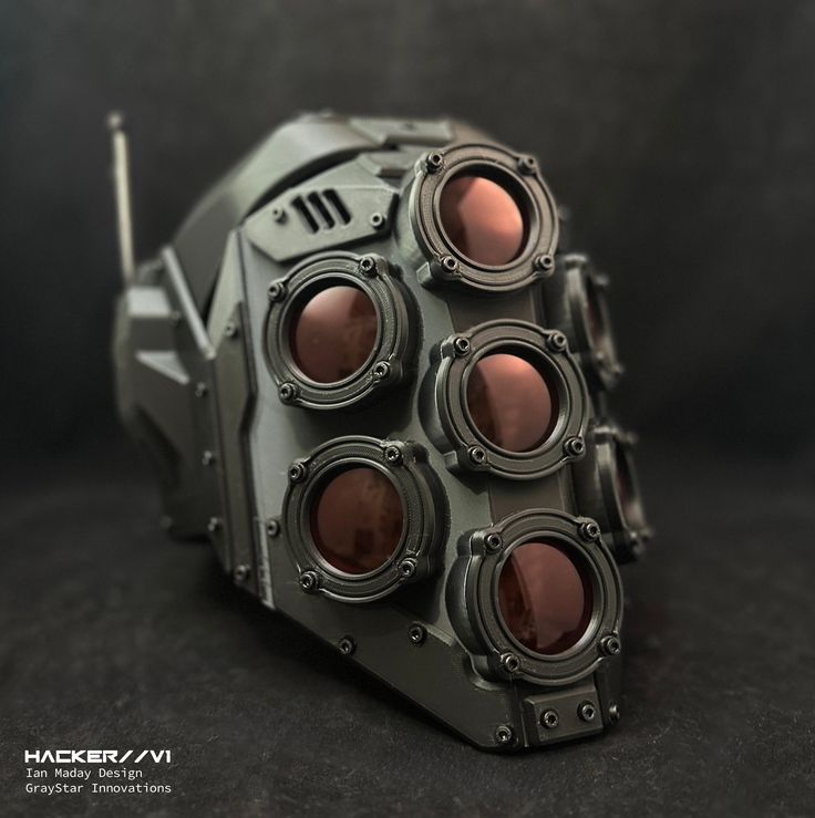 This is a Matte Black variant of my "HACKER//V1:Type-A" full face mask design, featuring circular tinted lenses with a red color. Tech Specs: Frame Material - FDM 3d Print Armor Material - 3d Printed/Steel Fasteners Lens - Tinted Circular Lenses (Functional Sunglasses) x 7 Padded - Yes If you would like this mask in a custom color, check out this listing here! https://www.etsy.com/listing/1519074769 The masks are fully adjustable for adults and made in limited runs, custom sizing is not currentl 3d Printed Armor, Cybernetic Augmentation, Full Face Mask Design, Armor Mask, Cyberpunk Tech, Mouth Mask Design, Sci-fi Helmet, Cool Bike Helmets, Gas Mask Art