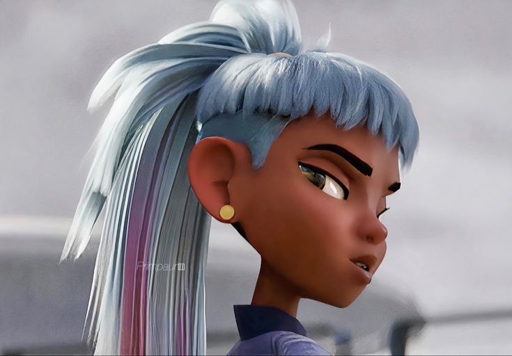 an animated woman with blue hair and piercings