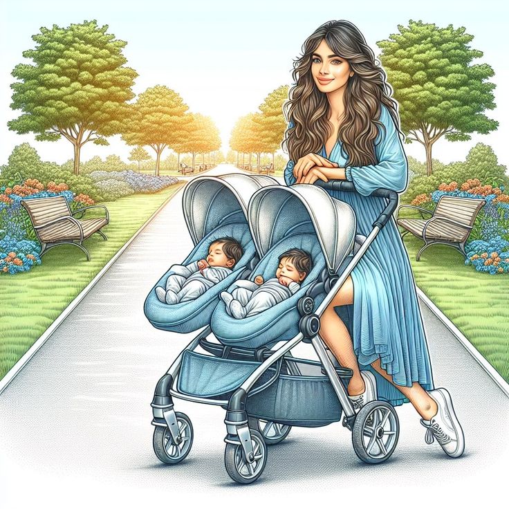 a drawing of a woman pushing a baby in a stroller on a path with trees and benches behind her