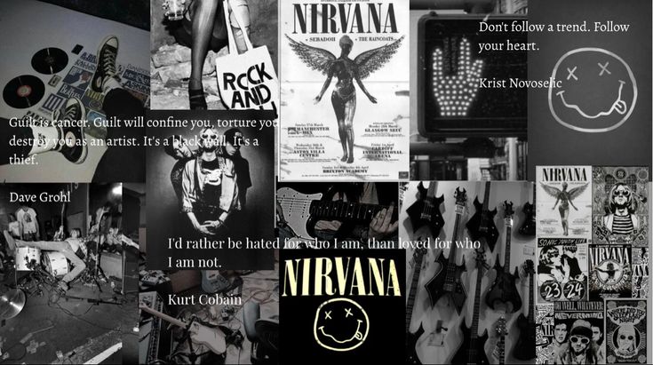 an image of nirvana collage with the words nirvana on it and images of other music related items