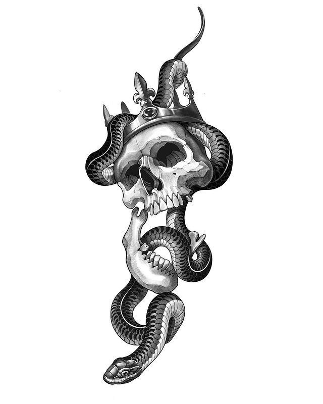 a skull with two snakes on it's head and a snake around its neck