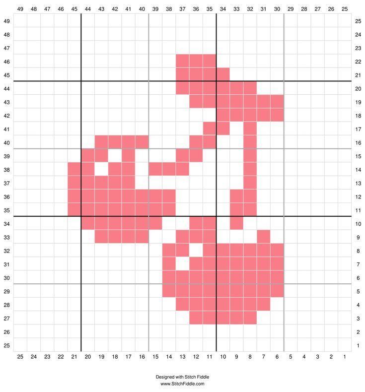 a cross stitch pattern with pink squares in the shape of flowers on white paper, as well as numbers