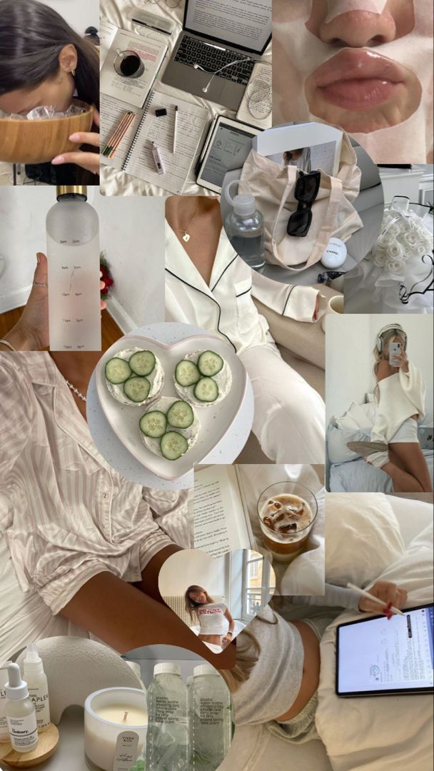 a collage of photos with woman in white shirt and cucumber on plate