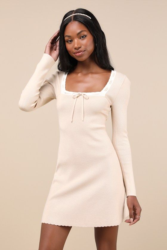 Definitely Sweet Beige Scalloped Long Sleeve Mini Sweater Dress Winter Date Dress, Trendy Winter Dresses, Coquette Winter Dress, Long Sleeve Winter Formal Dress, Winters Dresses, Dress With Sweater Over It, Conformation Dresses, Fall Casual Dresses, Cute Winter Dresses