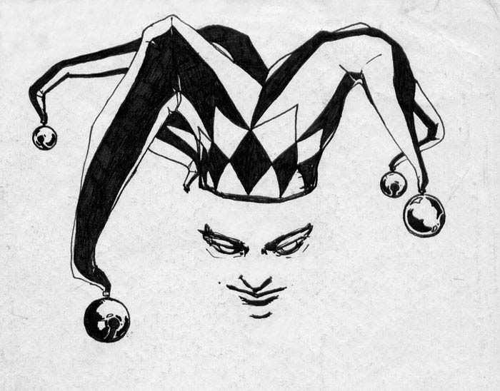 a black and white drawing of a clown's face with balls in his hair