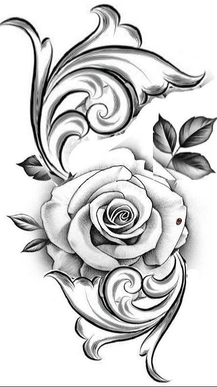 a rose tattoo design with leaves and swirls on the side, in black and white