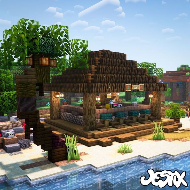 Minecraft Seafood Restaurant, Minecraft Tropical House, Minecraft Beach Hut, Minecraft Beach Ideas, Minecraft Tropical, Bar Minecraft, Minecraft Pool, Minecraft Beach, Minecraft Beach House