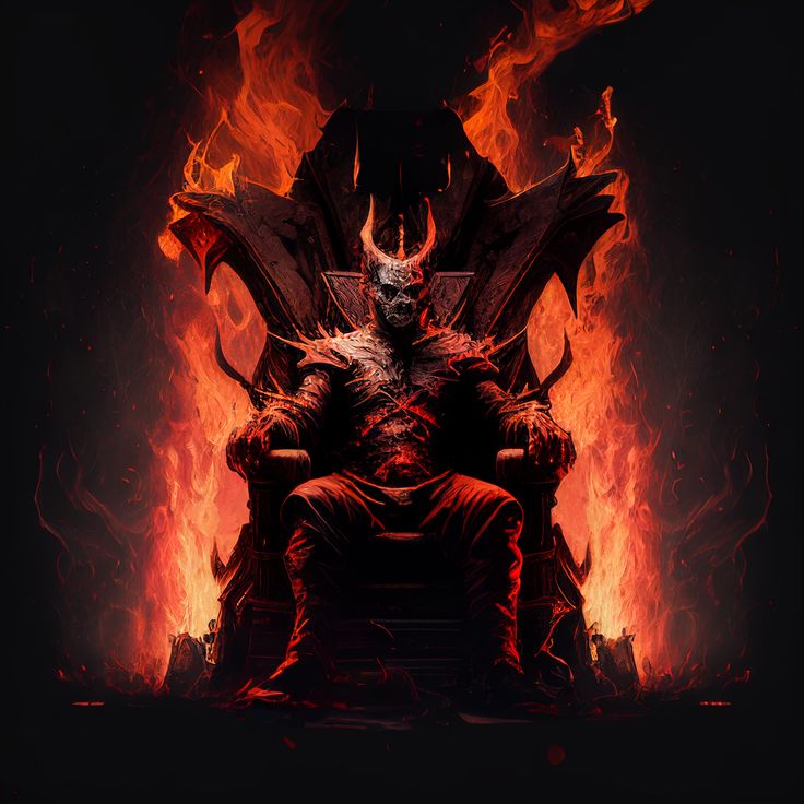 a giant demonic demon sitting on top of a chair in front of a fire filled wall