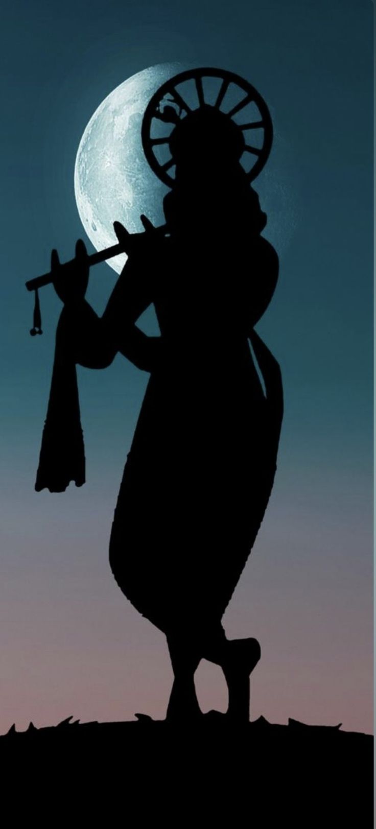 the silhouette of a person holding a musical instrument in front of a moon filled sky