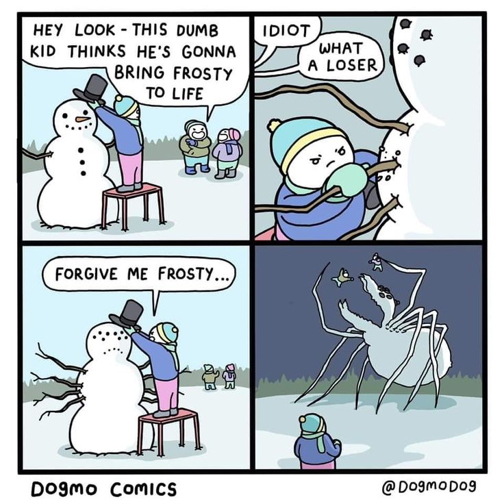 a comic strip with an image of a snowman and two people talking to each other