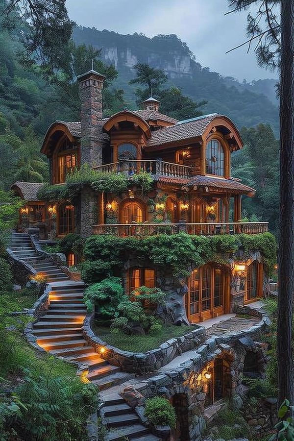 a large house in the woods with stairs leading up to it