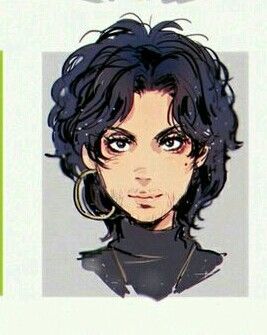 a drawing of a woman with black hair and earrings on her head, in the style of michael jackson