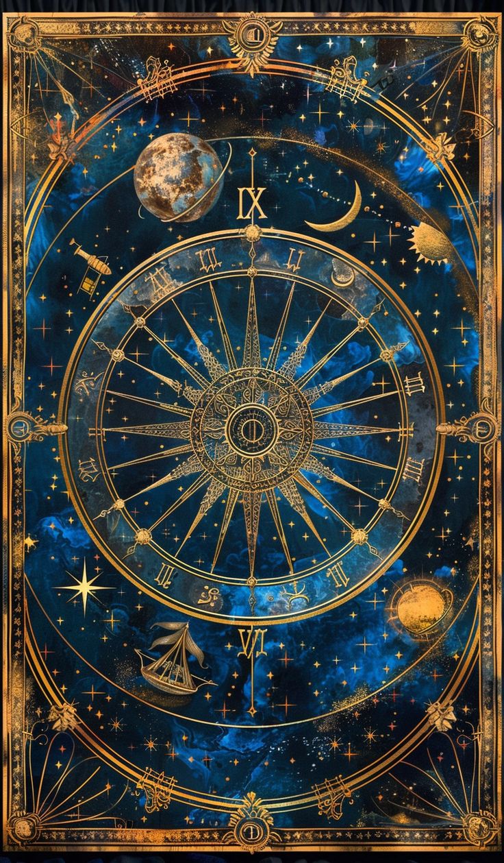 the astro wheel is shown in gold and blue with stars, planets, and zodiac signs