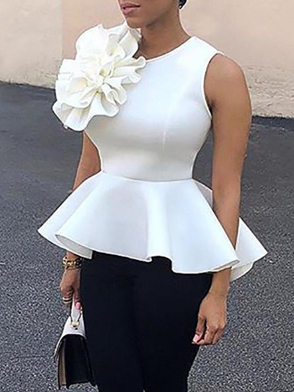 Pepulam Tops, Peplum Shirt Outfit, Peplum Tops For Women, Ankara Peplum Tops, White Peplum Top, Floral Blouses, Peplum Tops, Classy Dress Outfits, African Print Fashion Dresses