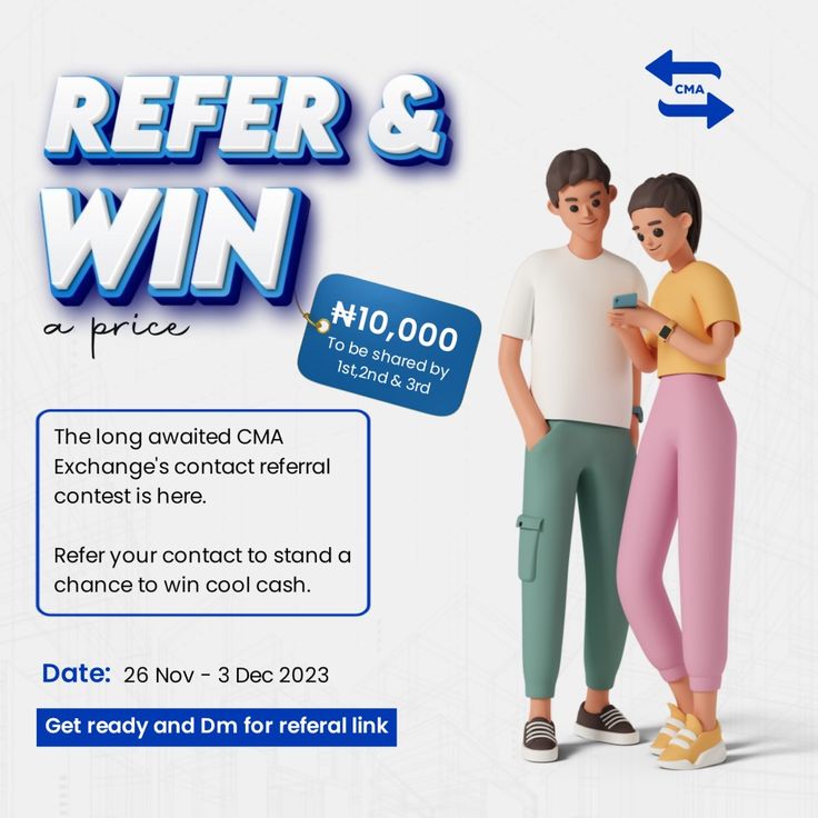 an advertisement for refer and win with two people