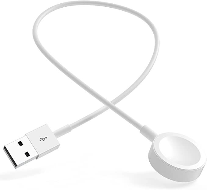 a white usb cable connected to an external charger on a white surface with the cord extended