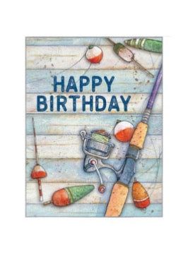 a happy birthday card with fishing items