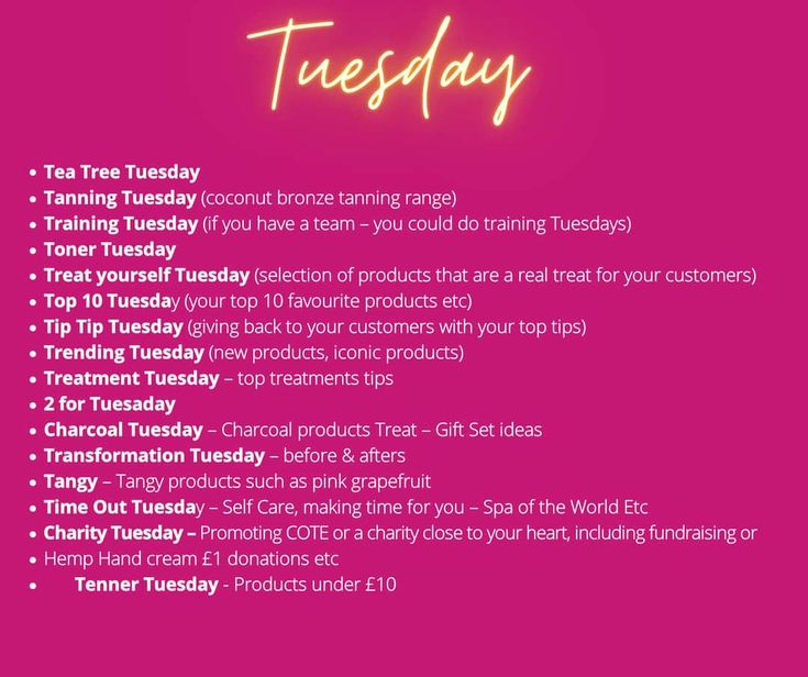 a pink poster with the words tuesday written in neon lights on it and an image of a