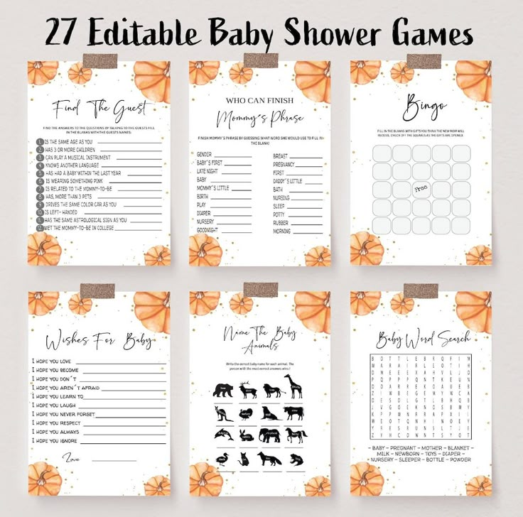 a baby shower game is shown with orange flowers and bows on the front, and an orange