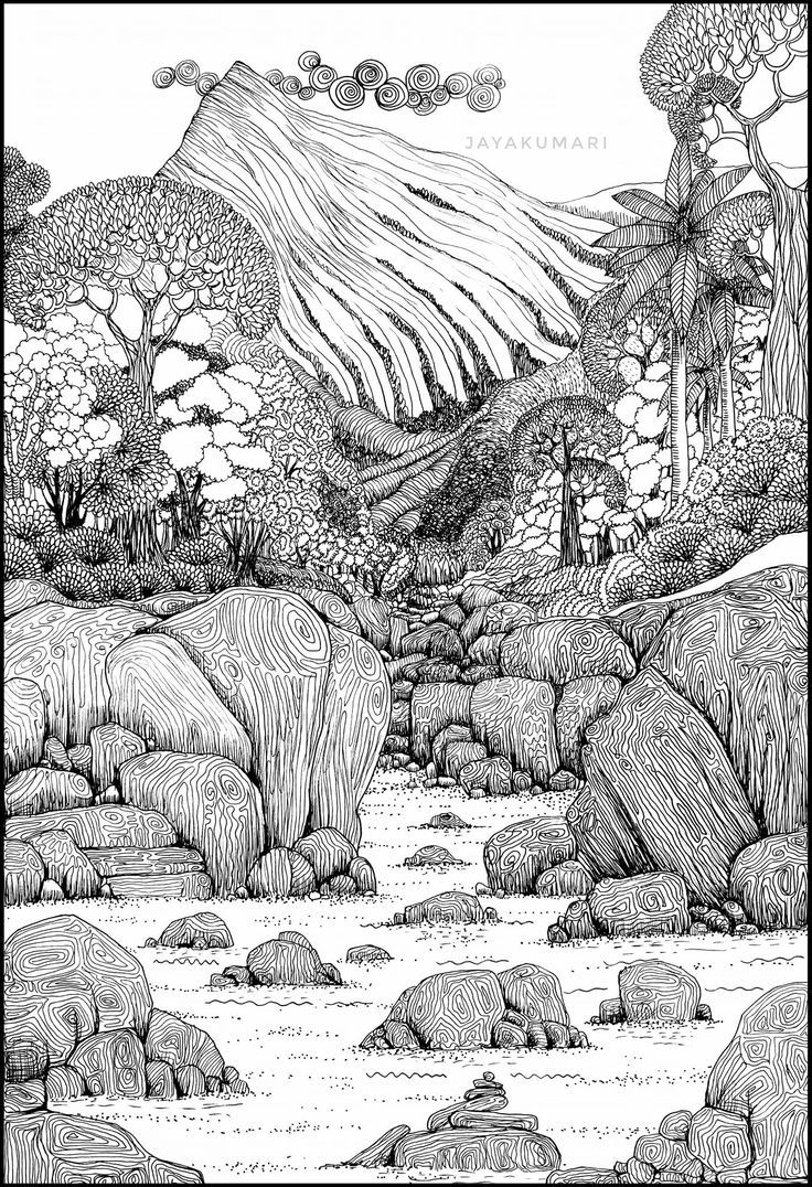 a black and white drawing of a mountain landscape with rocks, trees, and grass