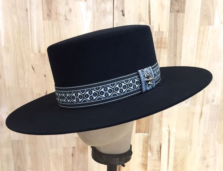 black beaver blend fur felt western hat bolero style with woven ribbon hatband with silver stud accent by hatWRKS on Etsy https://www.etsy.com/listing/237079958/black-beaver-blend-fur-felt-western-hat Summer Hat Style, Flat Top Hats, Mens Holiday Shirts, Custom Made Hats, Fedora Hat Men, Vintage Fashion 1950s, Elegant Hats, Casual Hat, Fashion 1950s