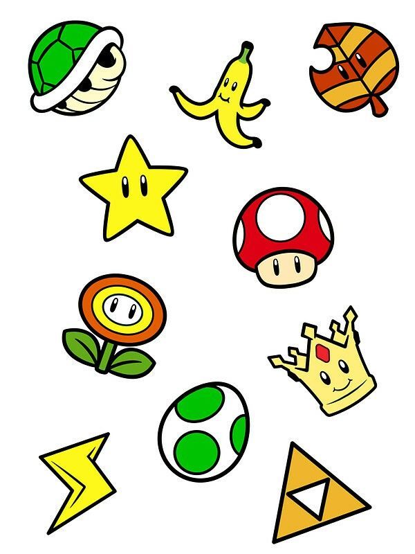 several different types of cartoon characters are depicted in this image, including mushrooms, stars, and other things