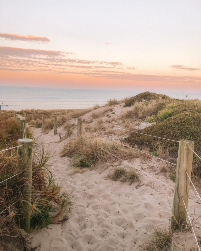 the beach is fenced off with sand and grass on it at sunset or dawn