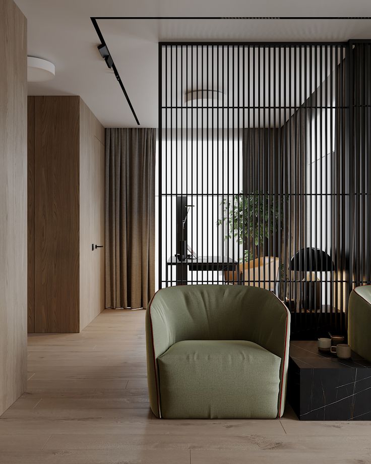 a living room filled with furniture next to a tall wooden wall covered in black slats