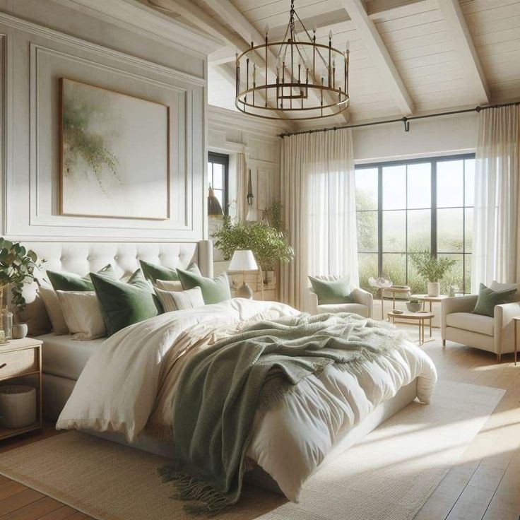 a large bed sitting in a bedroom under a chandelier next to a window