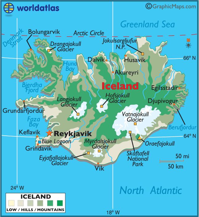 a map of iceland with the capital and major cities on it's borders,