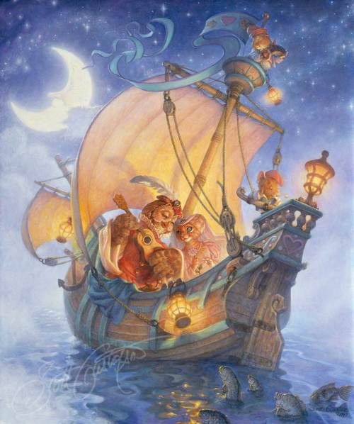 a painting of cats riding on top of a boat in the ocean with other cats