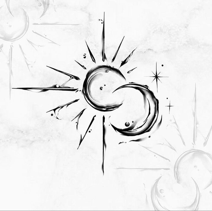 the sun and moon are drawn in black ink on white paper, with small stars around it