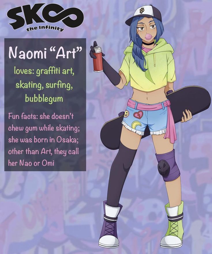 a cartoon girl holding a skateboard in her hand and wearing shorts with knee pads