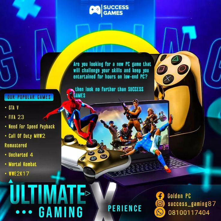 an advertisement for the ultimate video game console and gaming accessories, including a laptop computer