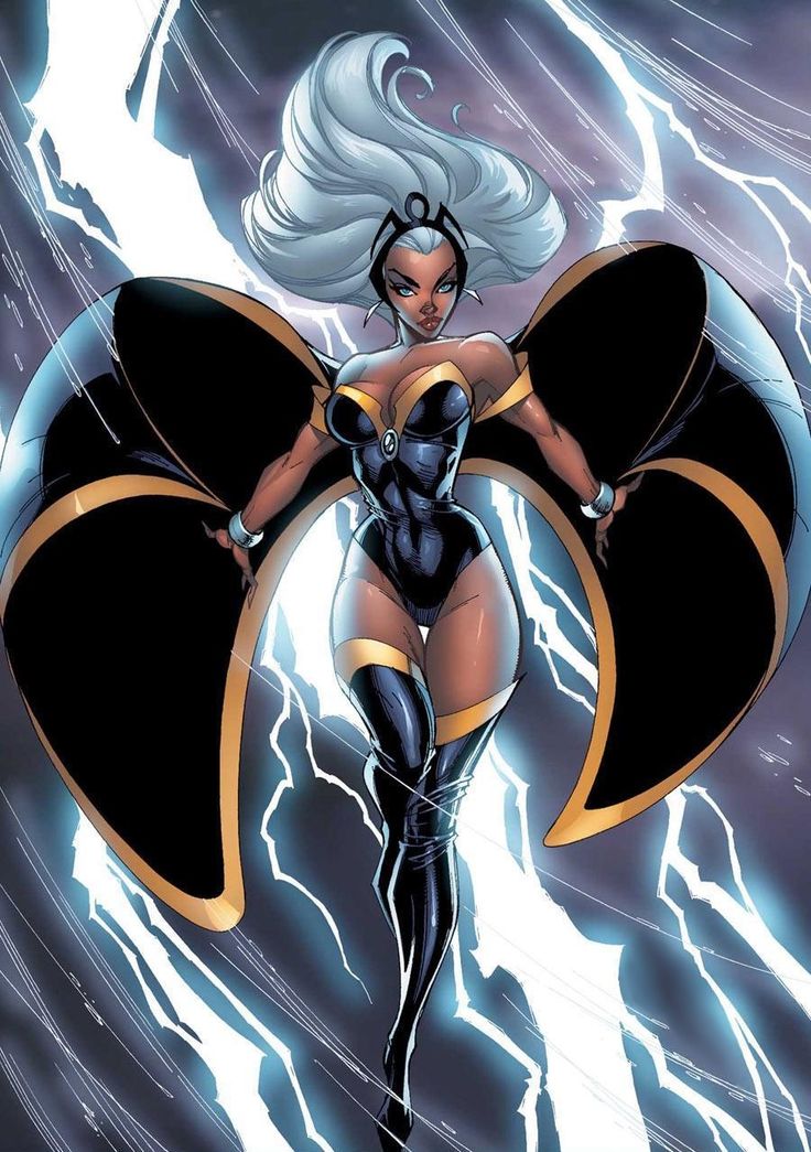 an image of a woman in black and white costume with lightning behind her on the cover of a comic book