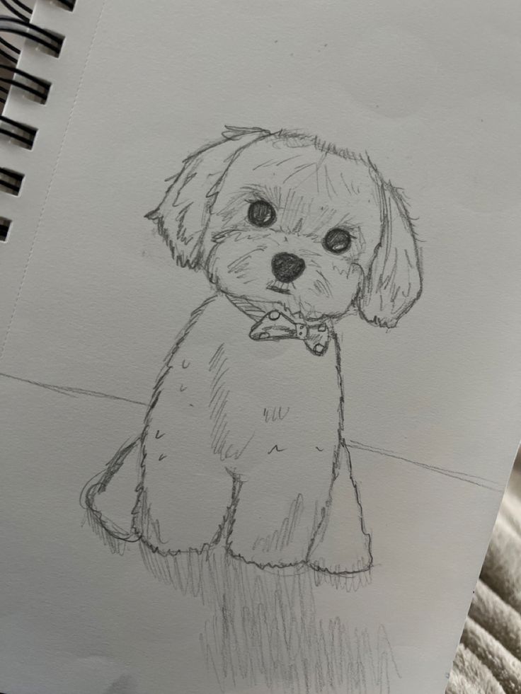 a drawing of a dog sitting on top of a table next to a pen and paper