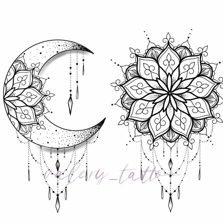 a drawing of the moon and stars with beads hanging from it's sides, in black and white