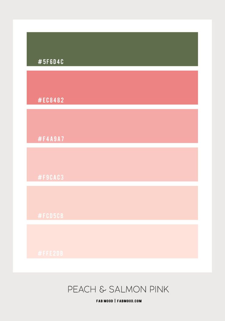 the peach and salmon pink color palette is shown in shades of green, red, and orange