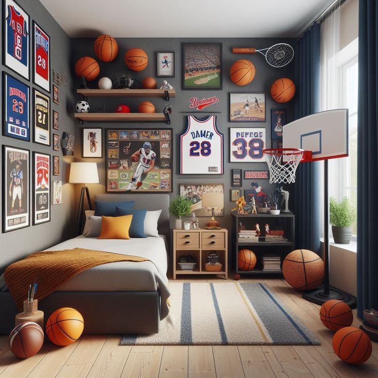 a bedroom decorated in sports themed decor with basketballs on the wall and pictures above the bed