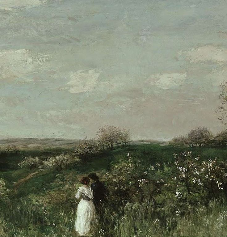 a painting of two people standing in a field with wildflowers on the other side