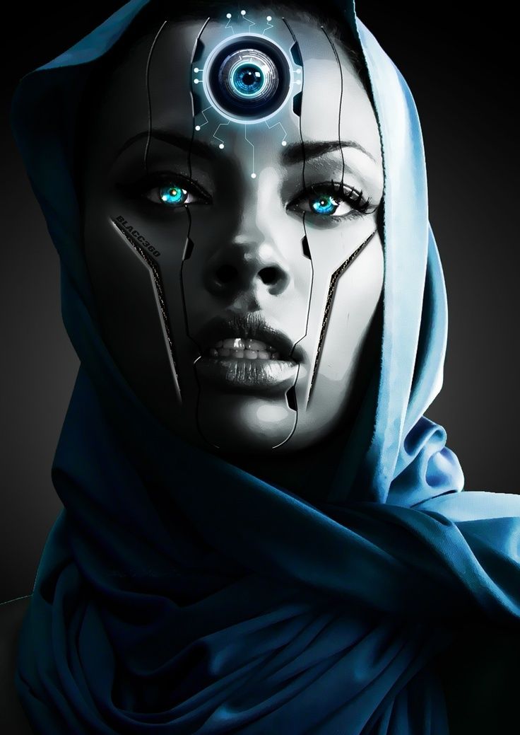 a woman with blue eyes is wearing a futuristic headgear and has the words electronic power on it